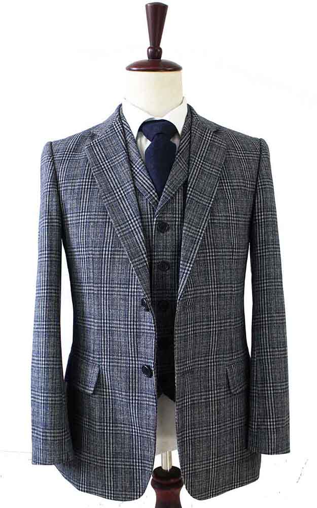 RETRO GREY BLUE PLAID TWEED 2 PIECE SUIT