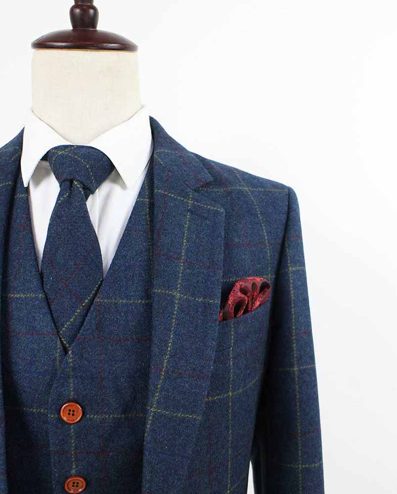 BLUE OVERCHECK PLAID TWEED 2 PIECE SUIT