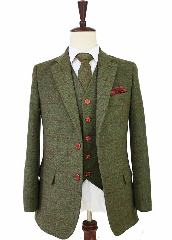 OLIVE GREEN PLAID TWEED 2 PIECE SUIT