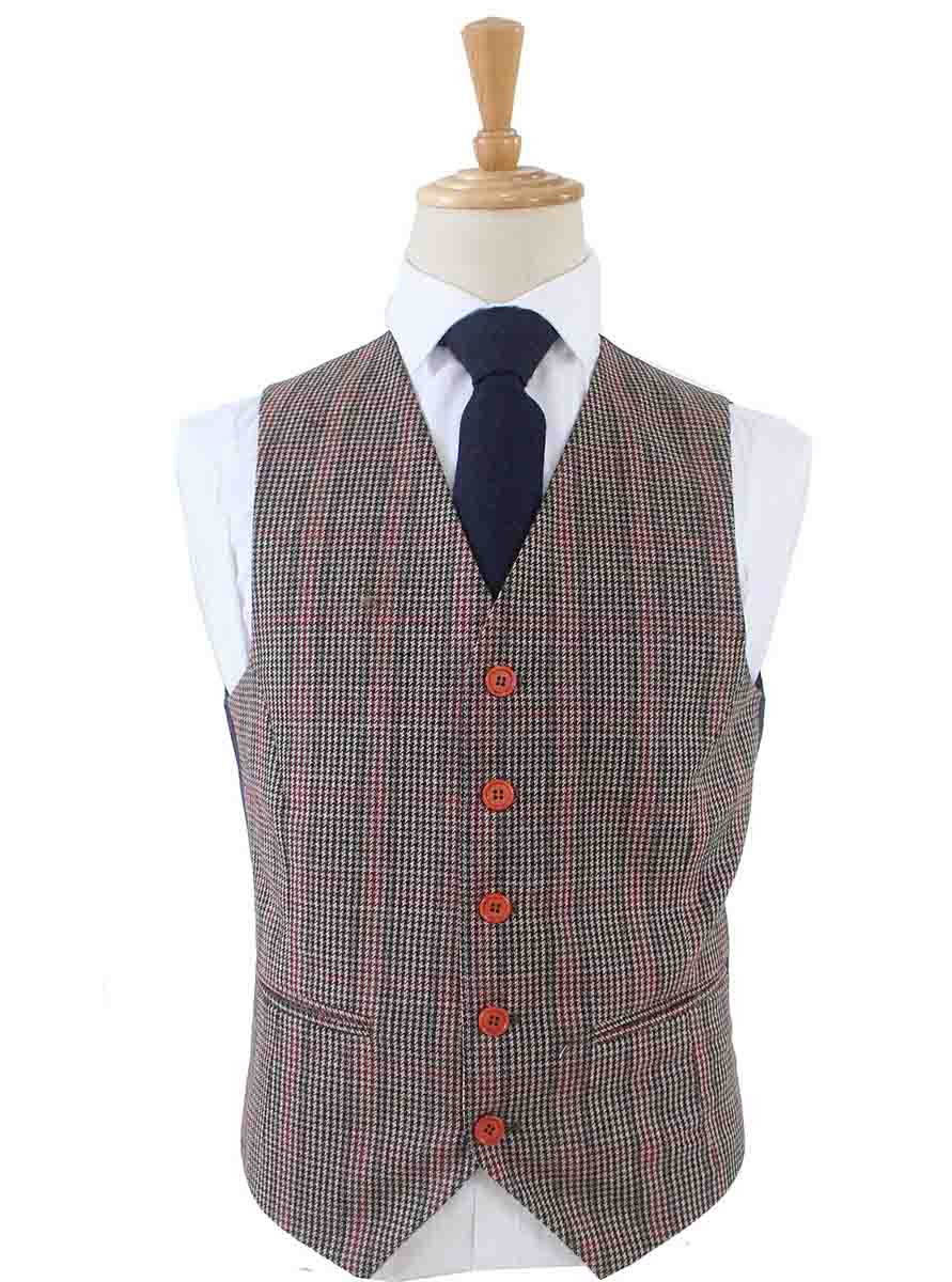 BROWN PINK HOUNDSTOOTH PLAID TWEED 3 PIECE SUIT