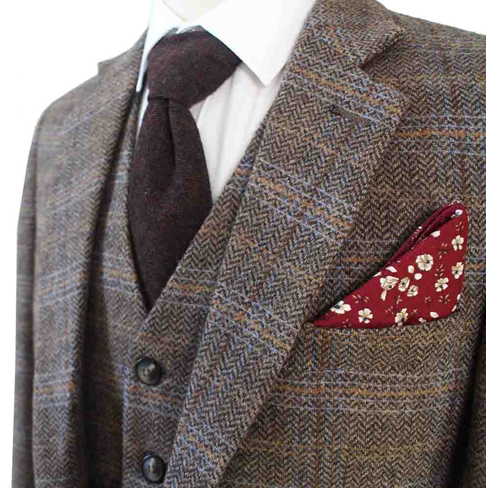 BROWN BEIGE WINDOWPANE HERRINGBONE TWEED 3 PIECE SUIT