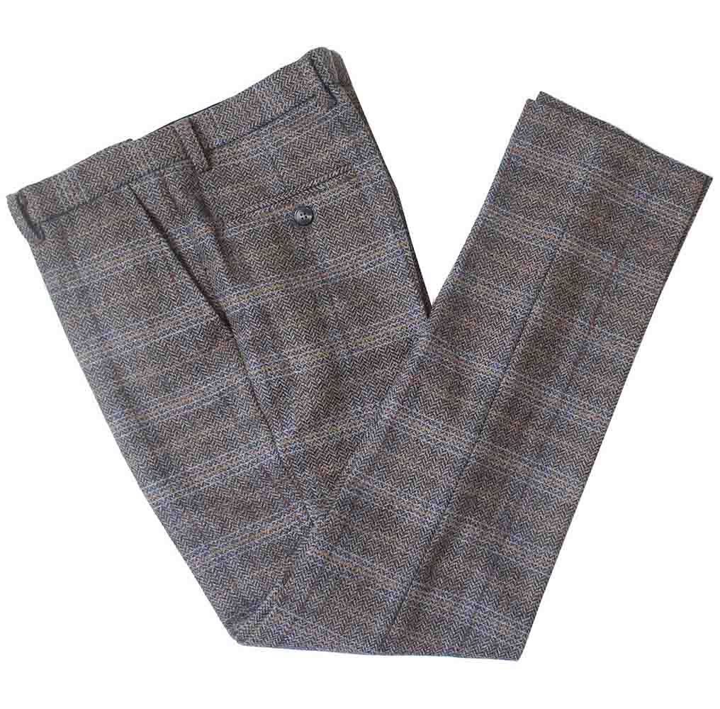 BROWN BEIGE WINDOWPANE HERRINGBONE TWEED 3 PIECE SUIT