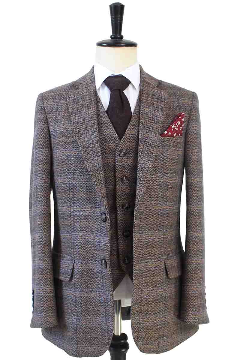 BROWN BEIGE WINDOWPANE HERRINGBONE TWEED 3 PIECE SUIT