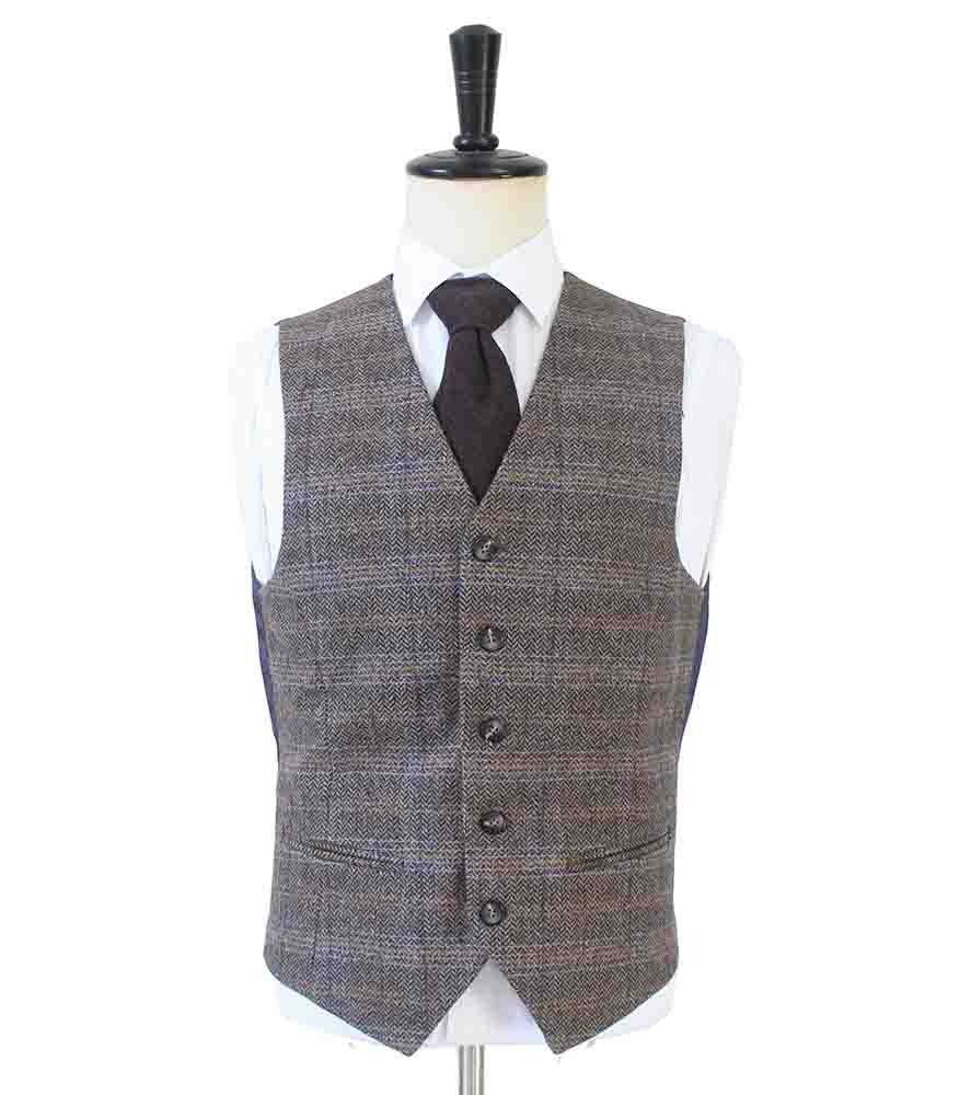 BROWN BEIGE WINDOWPANE HERRINGBONE TWEED 3 PIECE SUIT