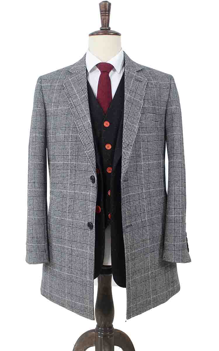 GREY OVERCOAT HOUNDSTOOTH PLAID TWEED