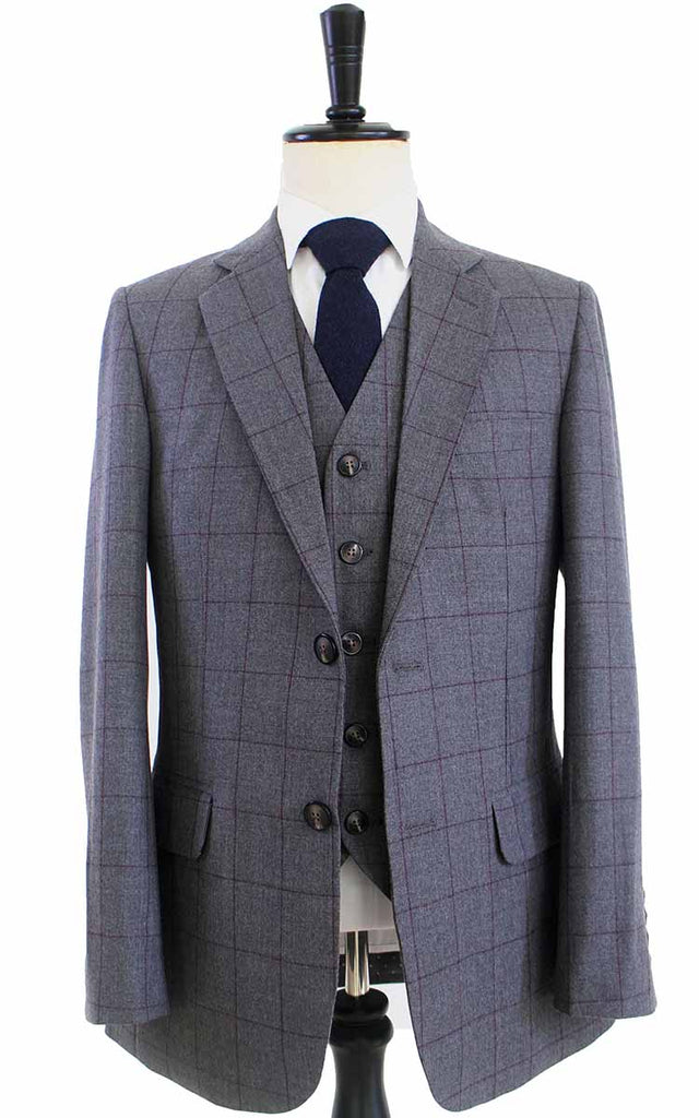 GREY RED WINDOWPANE WORSTED 3 PIECE SUIT | BDtailormade