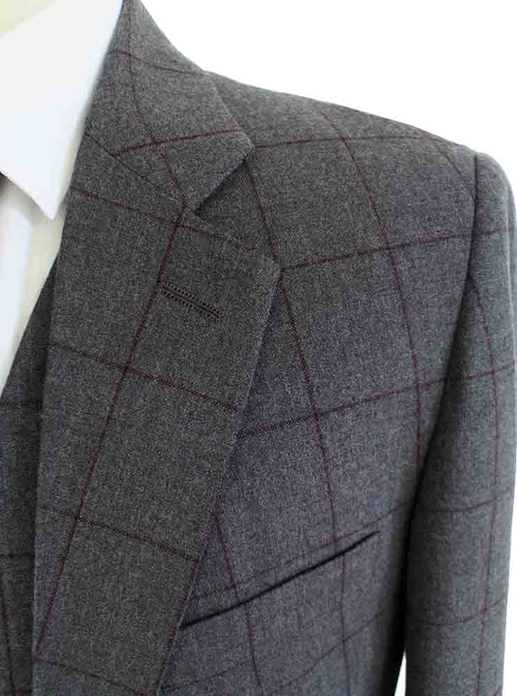 GREY RED WINDOWPANE WORSTED 3 PIECE SUIT