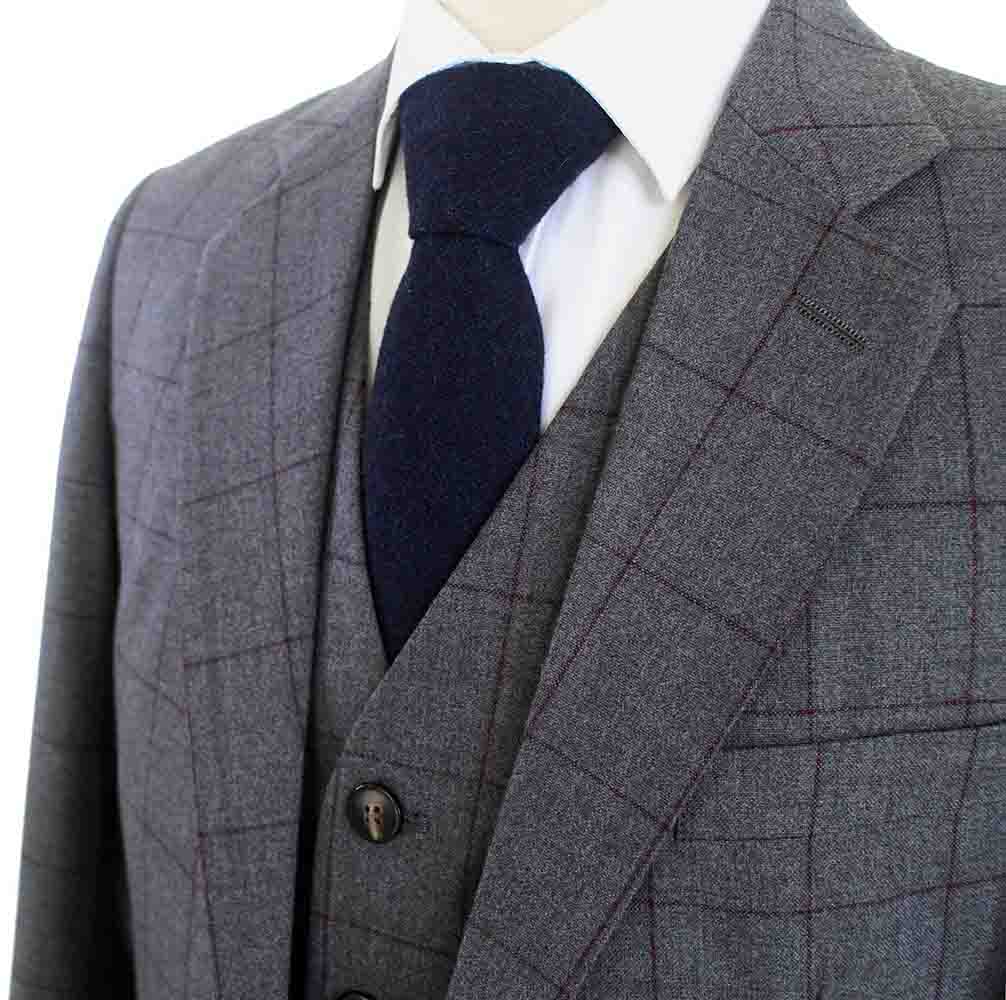 GREY RED WINDOWPANE WORSTED 3 PIECE SUIT