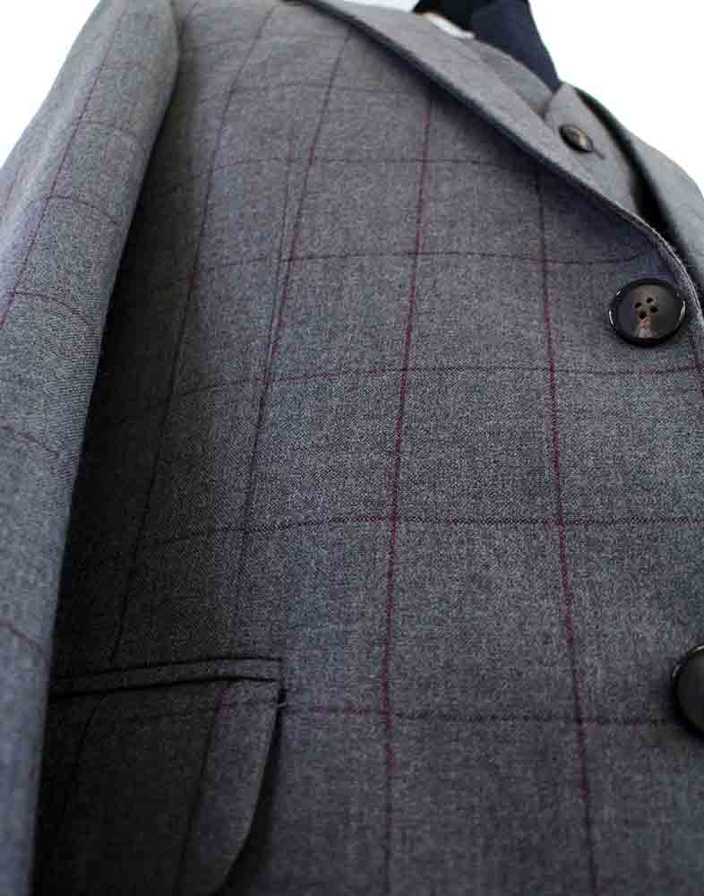 GREY RED WINDOWPANE WORSTED 3 PIECE SUIT