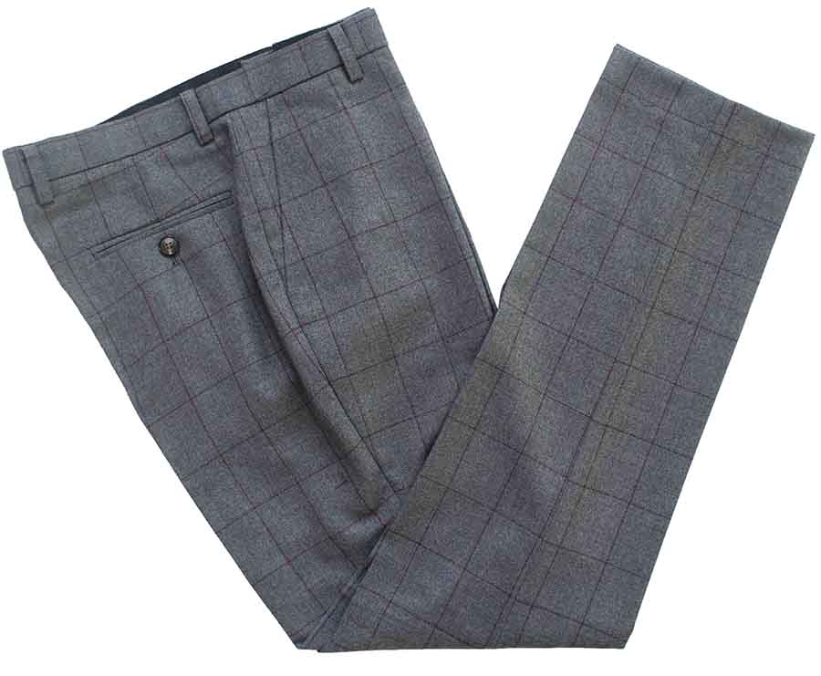 GREY RED WINDOWPANE WORSTED 3 PIECE SUIT