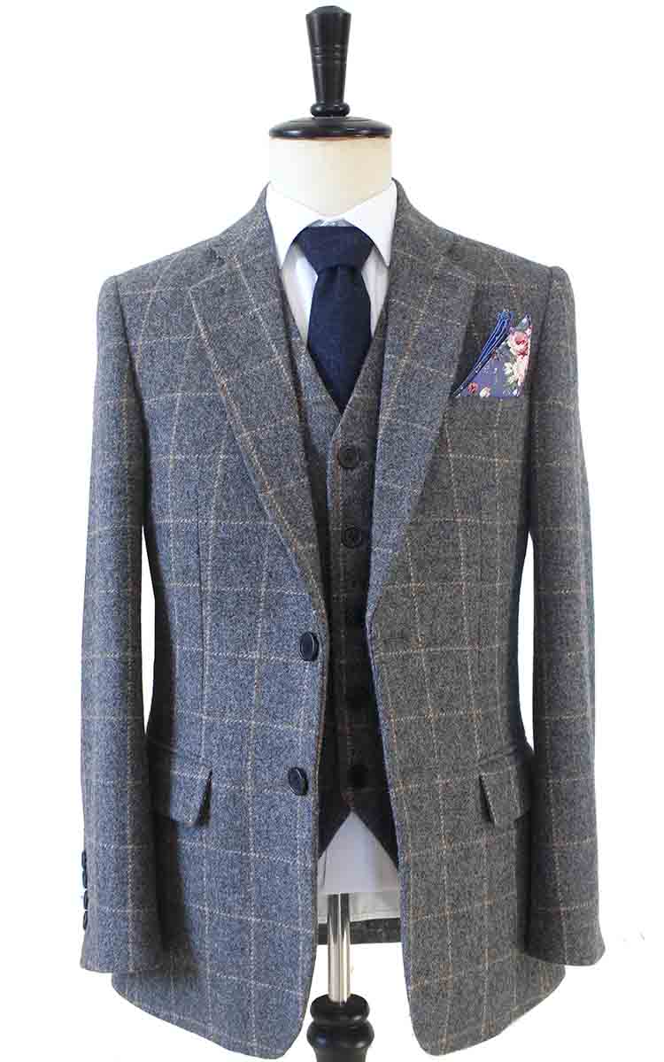 GREY WINDOWPANE CHECK TWEED 3 PIECE SUIT