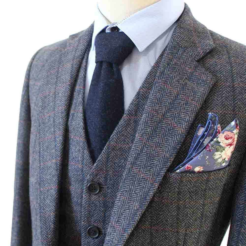 GREY WINDOWPANE HERRINGBONE TWEED 3 PIECE SUIT