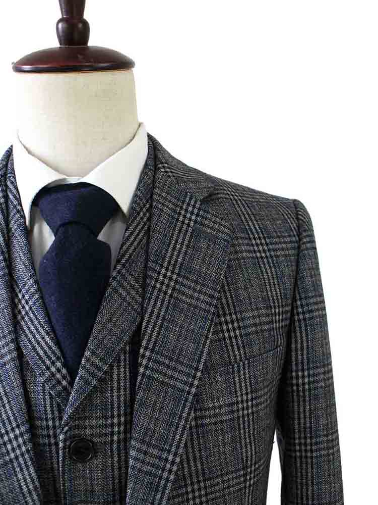 RETRO GREY BLUE PLAID TWEED 3 PIECE SUIT 丨BDtailormade