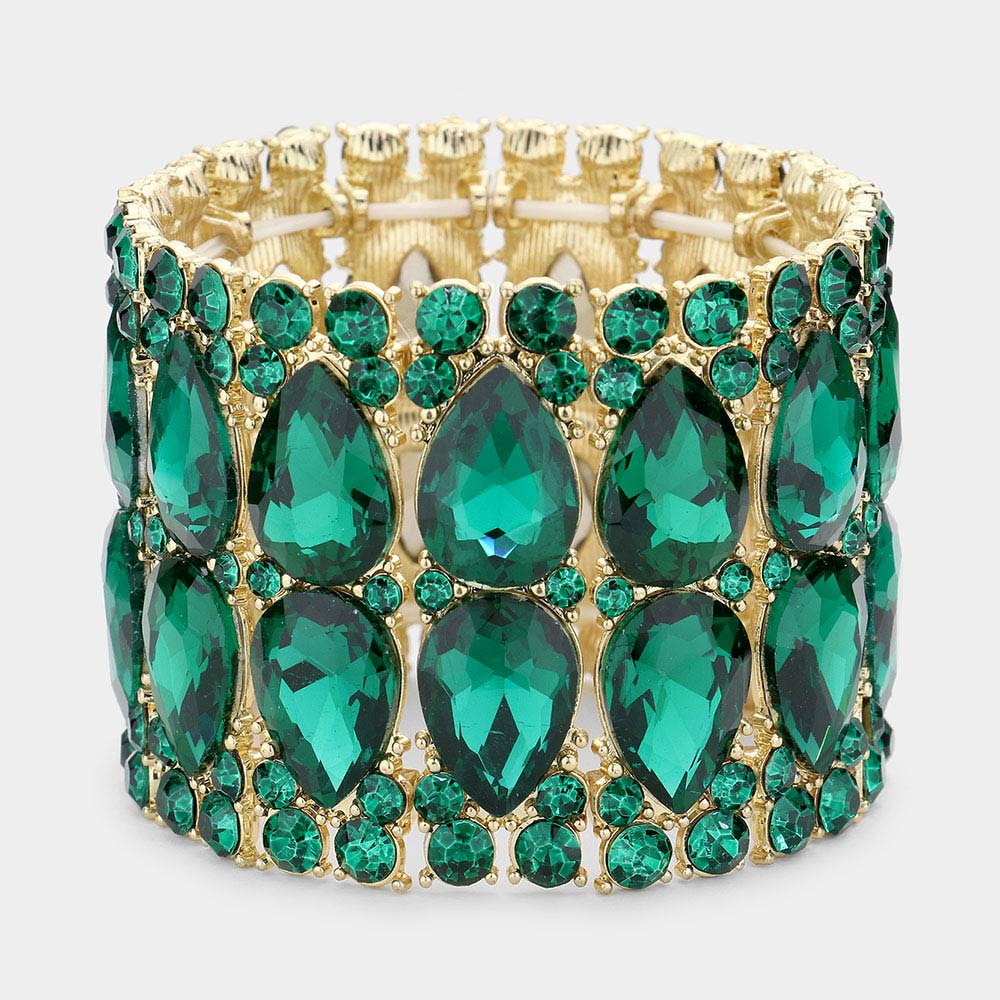 Wide Green Crystal Teardrop Stretch Pageant Bracelet | Pageant Jewelry ...