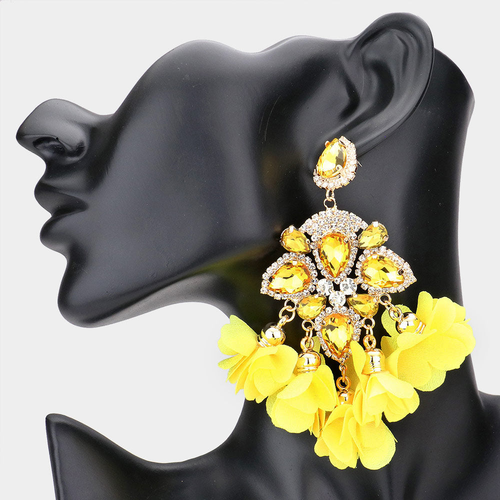 Yellow Crystal and Tassel Flower Fun Fashion Chandelier Earrings | 586511