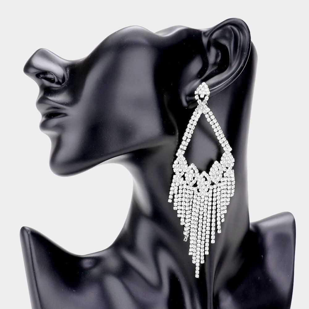 Clear Rhinestone Pave Fringe Pageant Earrings, Prom Earrings