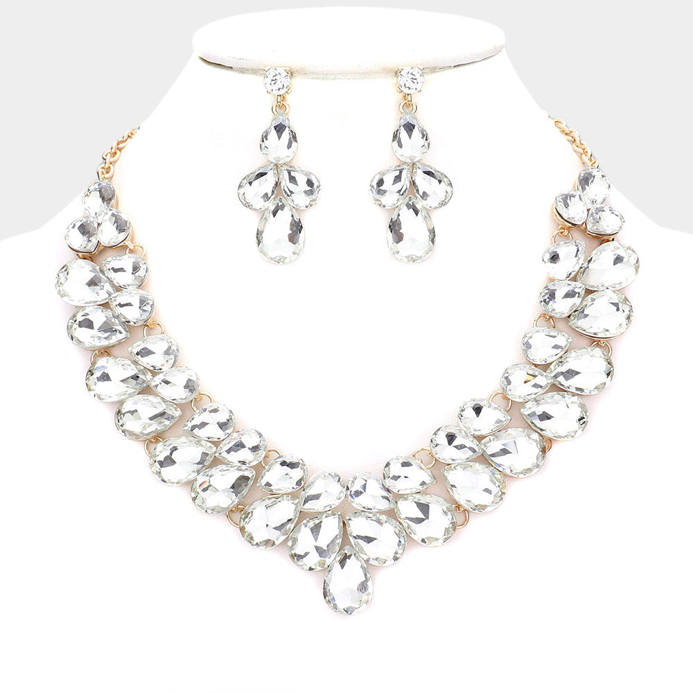 Clear Crystal Teardrop Pageant Necklace Set on Gold, Prom Necklace Set