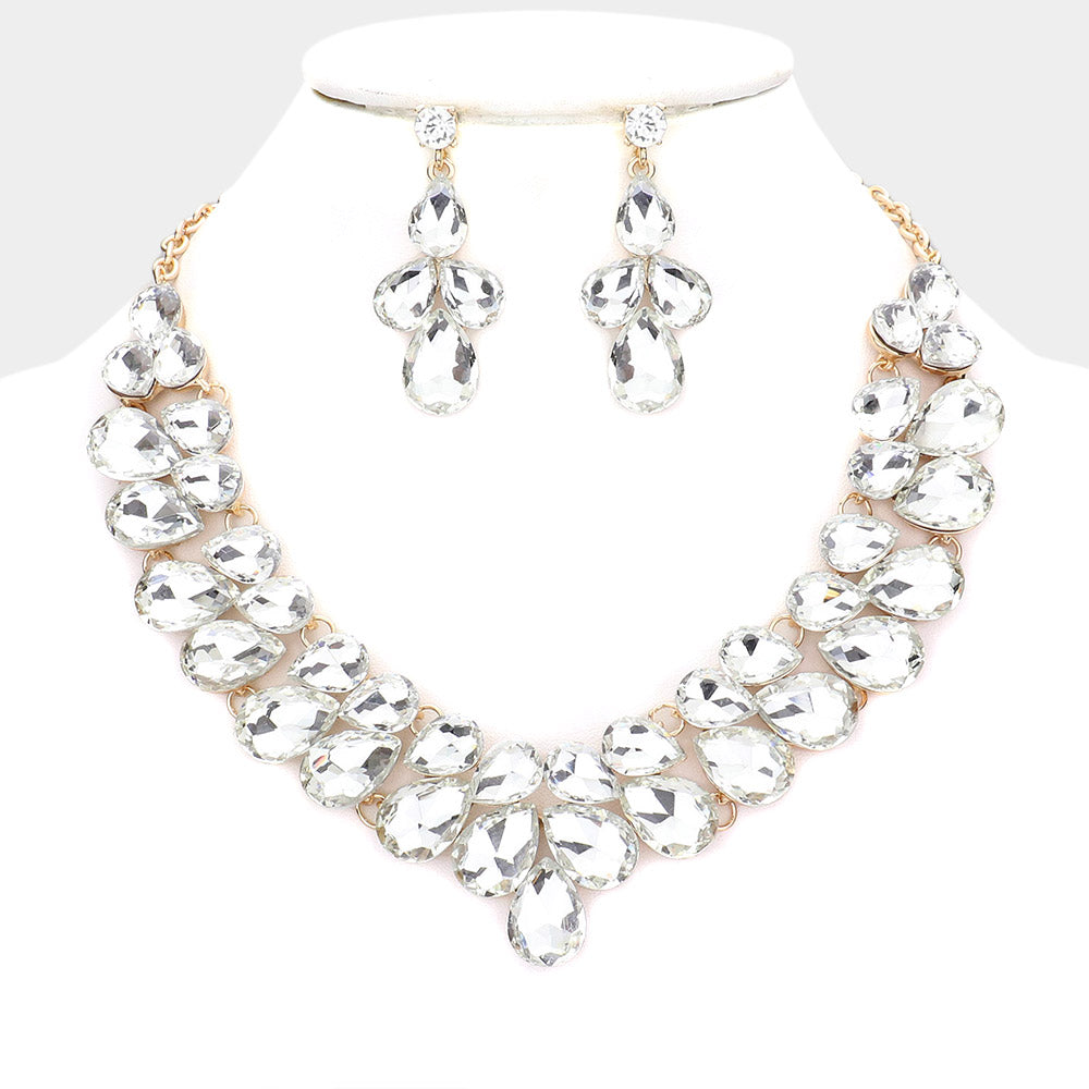 Clear Marquise Stone Cluster Drop Teardrop Pageant Necklace Set on Gold|  Prom Jewelry | 599123