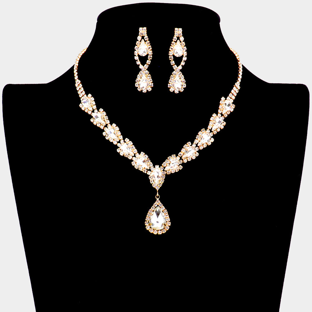 Clear Crystal Teardrop Pageant Necklace Set on Gold