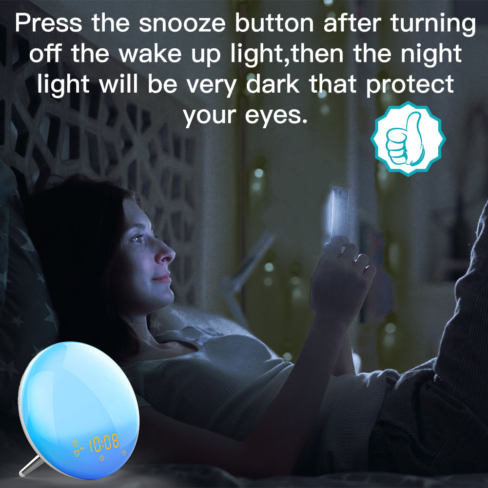 Press the snooze button after turning off the wake up light,then the night  light will be very dark that protect your eyes.