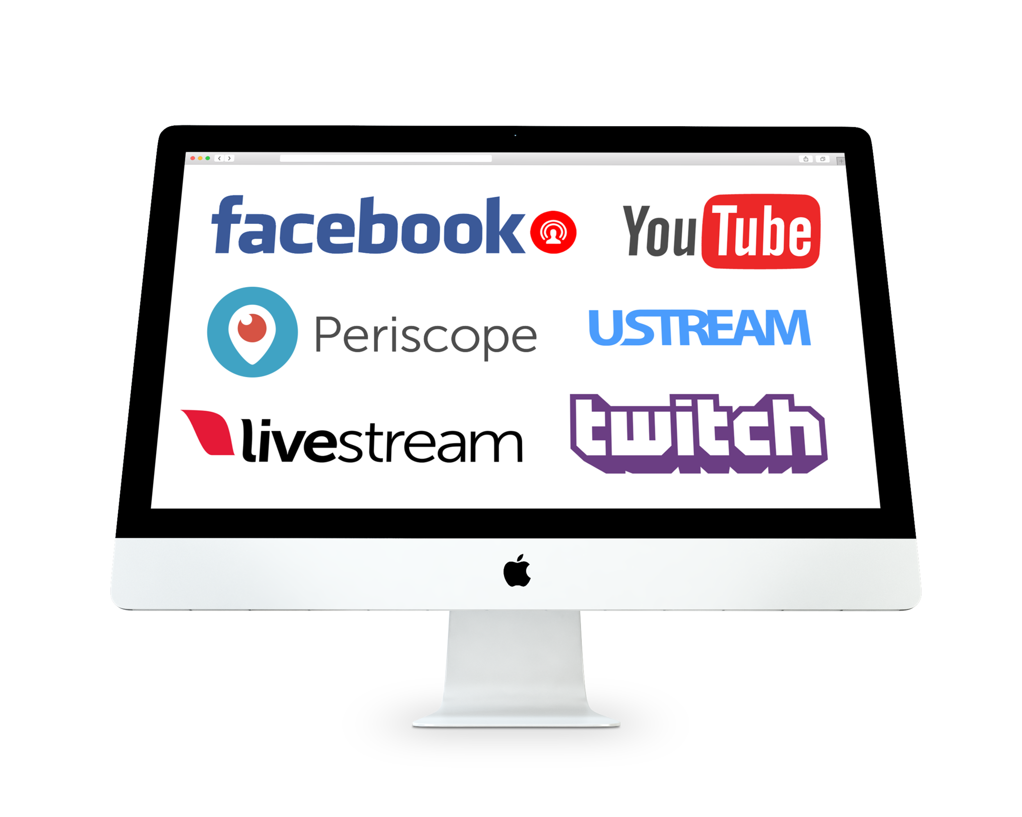 Facebook, YouTube, Livestream, UStream, Periscope,  Twitch, Wowza logos have native integration with Cube