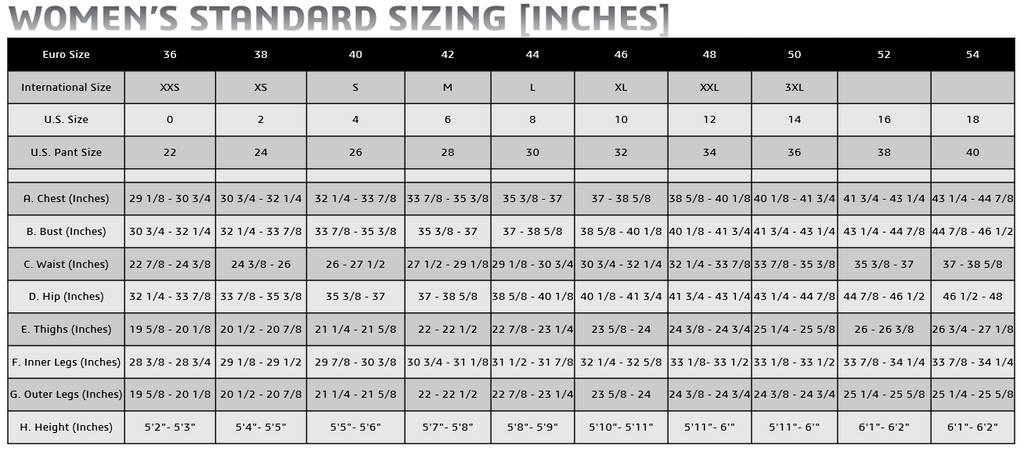 STANDARD SUIT SIZING CHARTS – SCHMOTTER MOTION