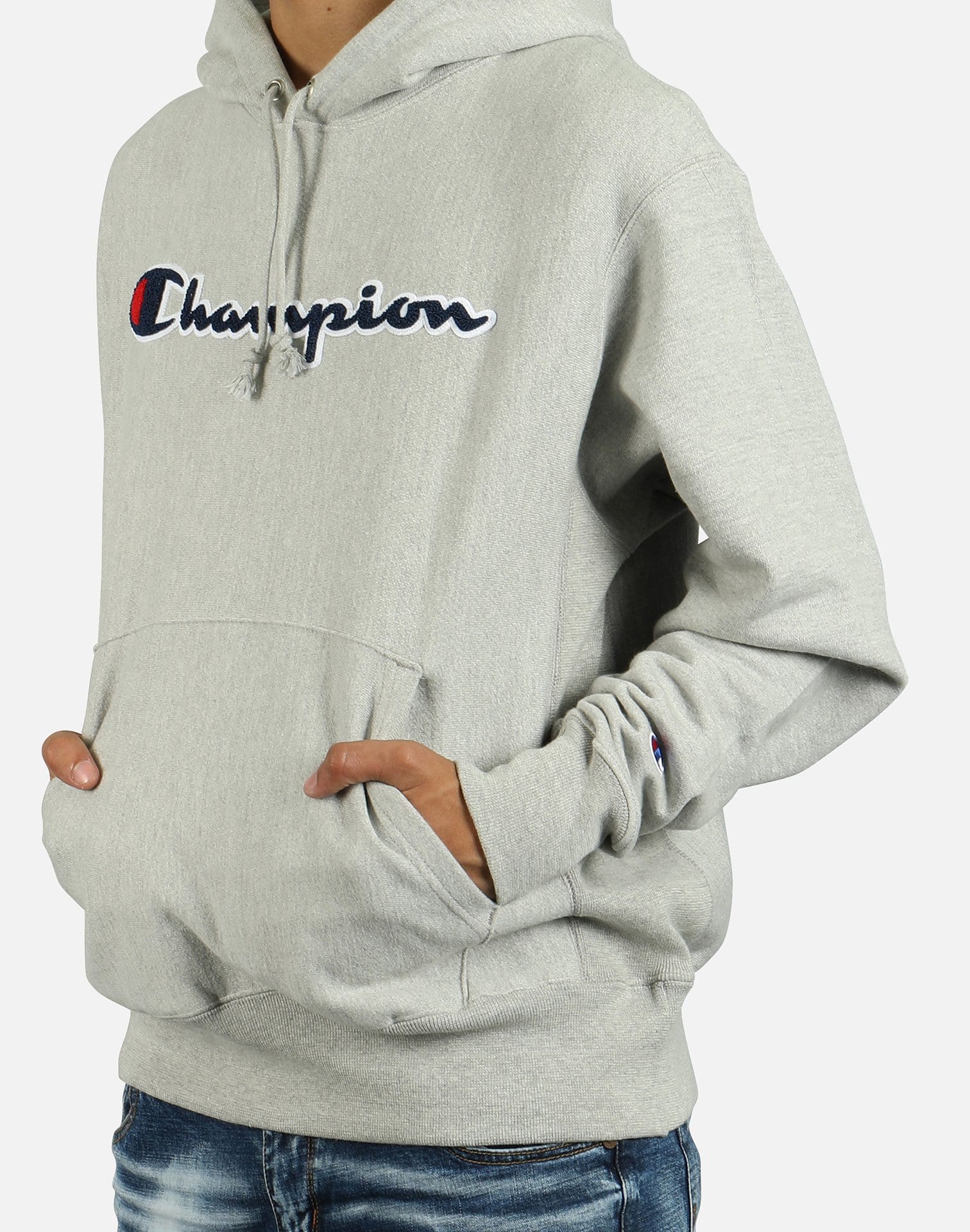 champion reverse weave chain stitch script logo gray mens hoodie