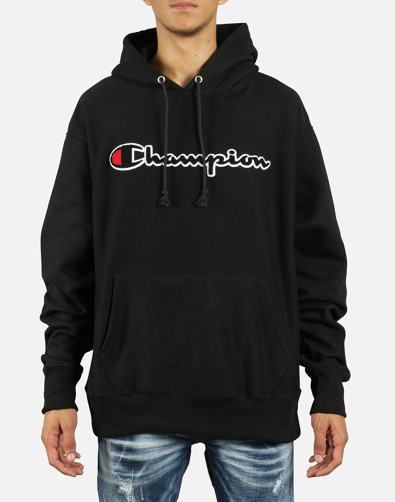 champion reverse weave chain stitch script logo gray mens hoodie