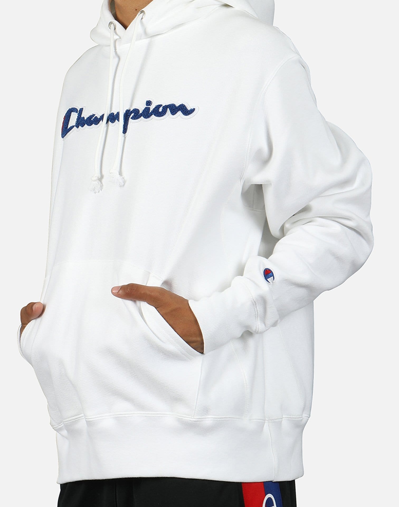 champion reverse weave chenille logo white hoodie