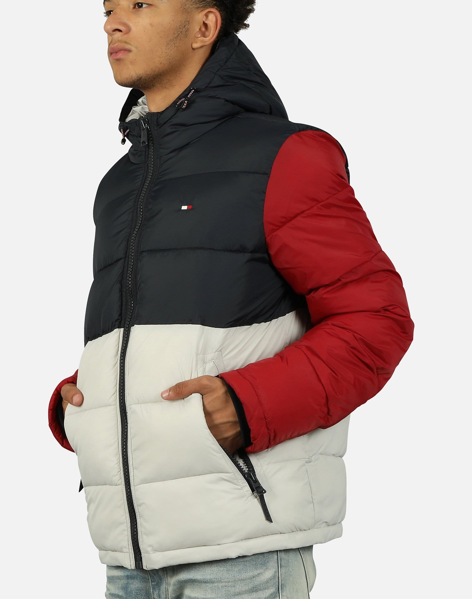 tommy hilfiger hooded colorblock puffer coat