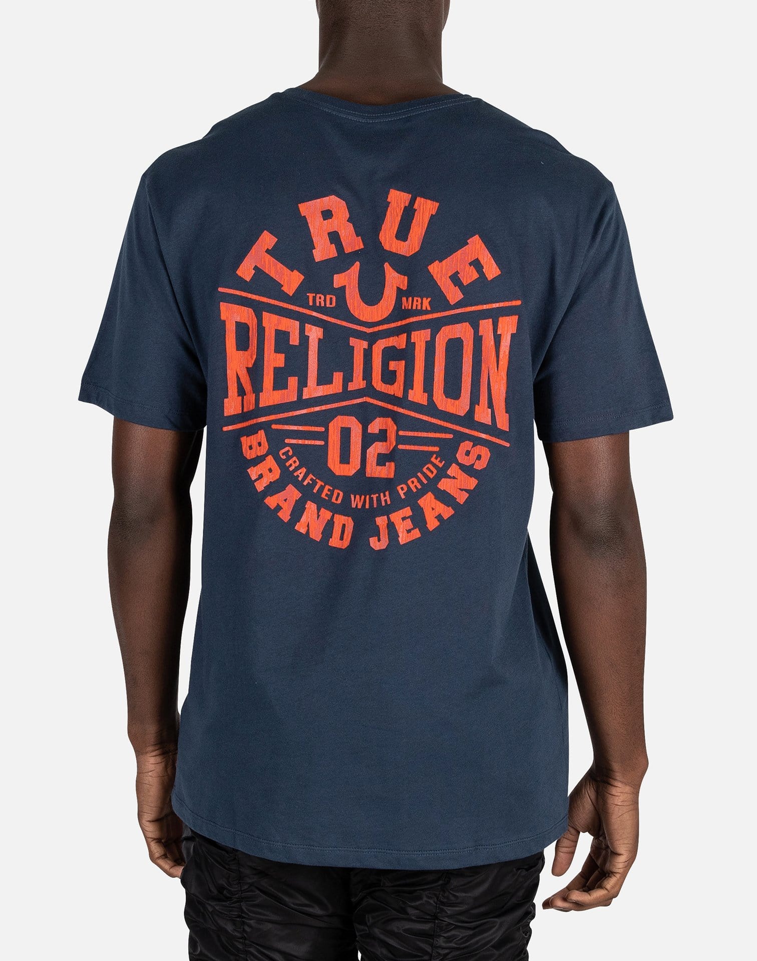 orange and blue true religion shirt