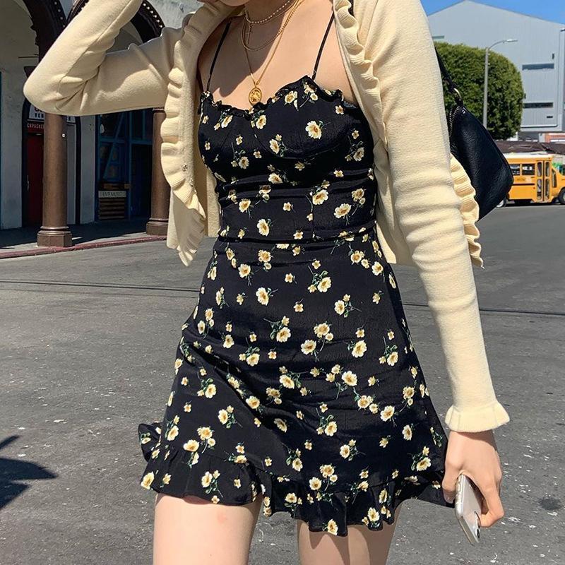 black floral spaghetti strap dress