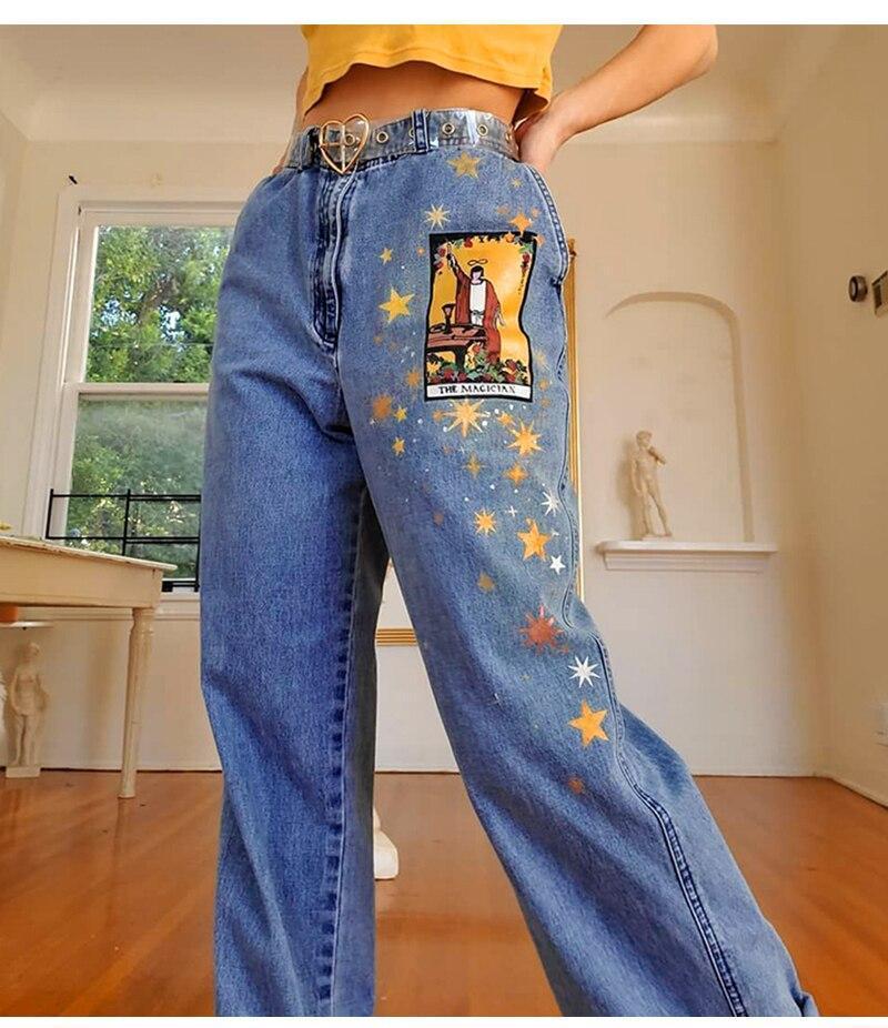 AESTHETIC VINTAGE ART HOE PRINTED DENIM PANTS - Cosmique Studio