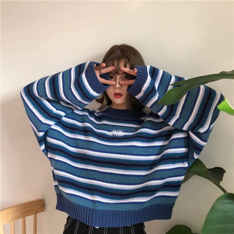 Knitted Oversized Blue Sweater - Cosmique Studio | Aesthetic Clothing