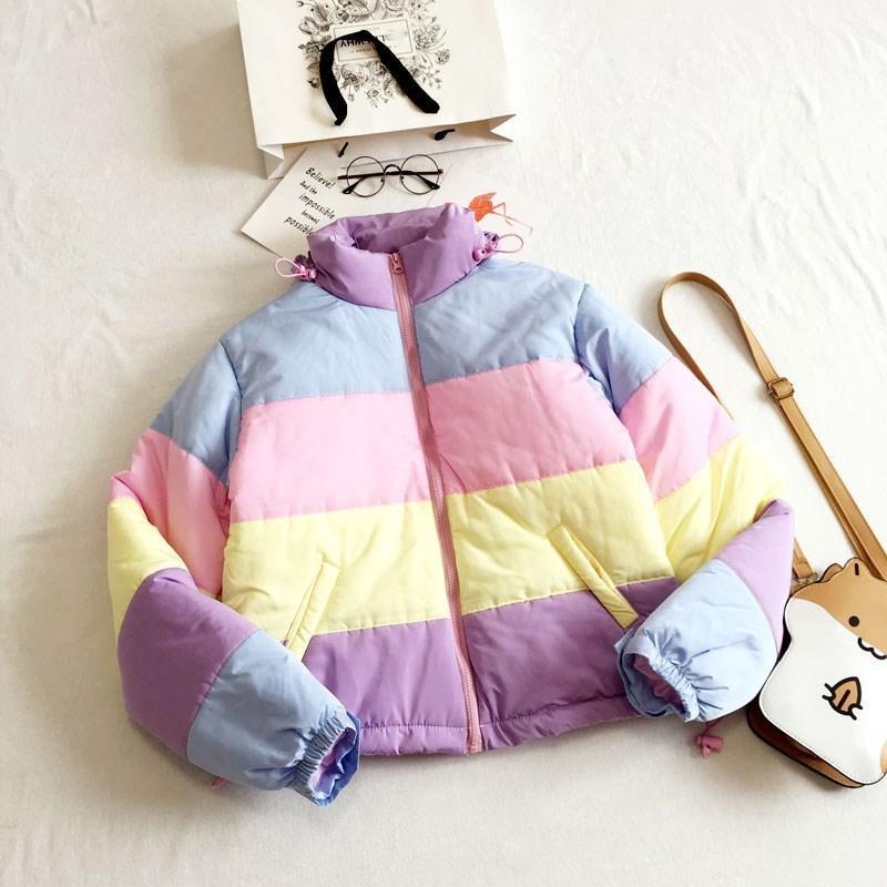 RAINBOW PASTEL FLUFFY PADDED WARM JACKET - Cosmique Studio