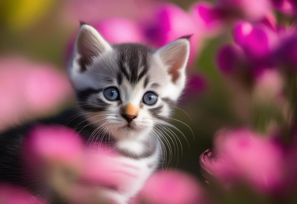 American Shorthair kitten between flowers