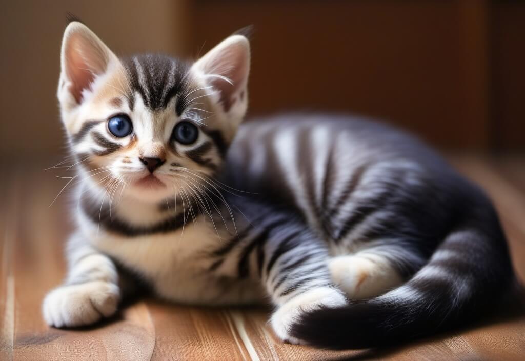 American Shorthair kitten on wooden floor