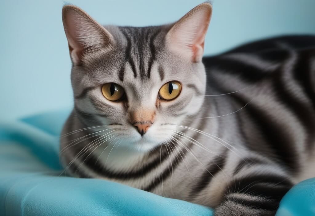 American shorthair cat on blue couch