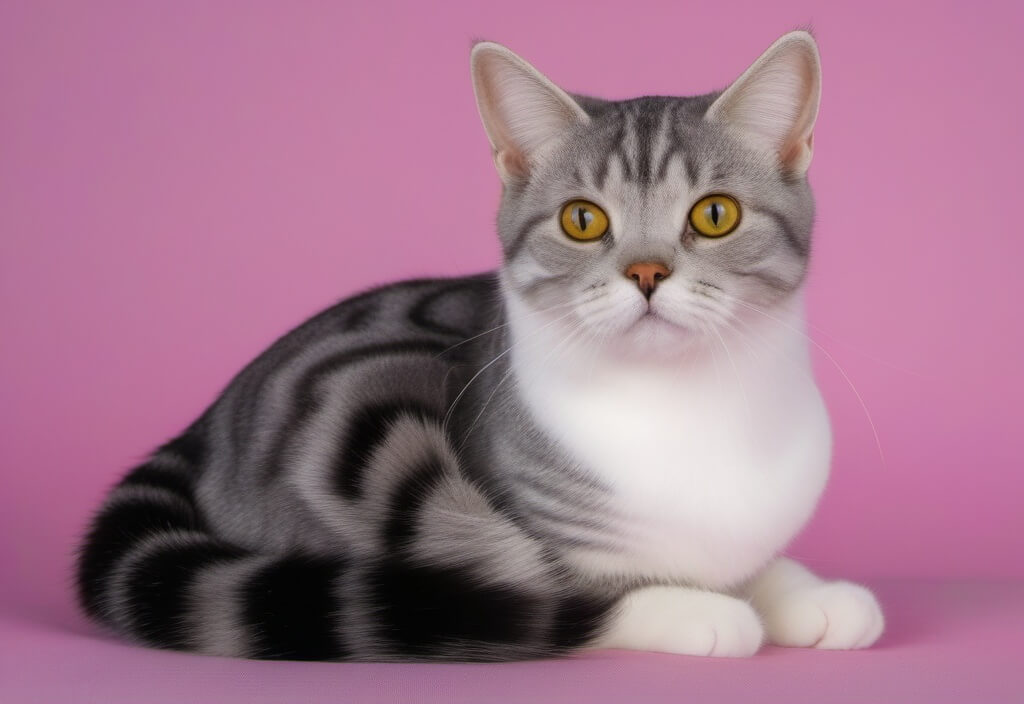 American shorthair cat on pink background