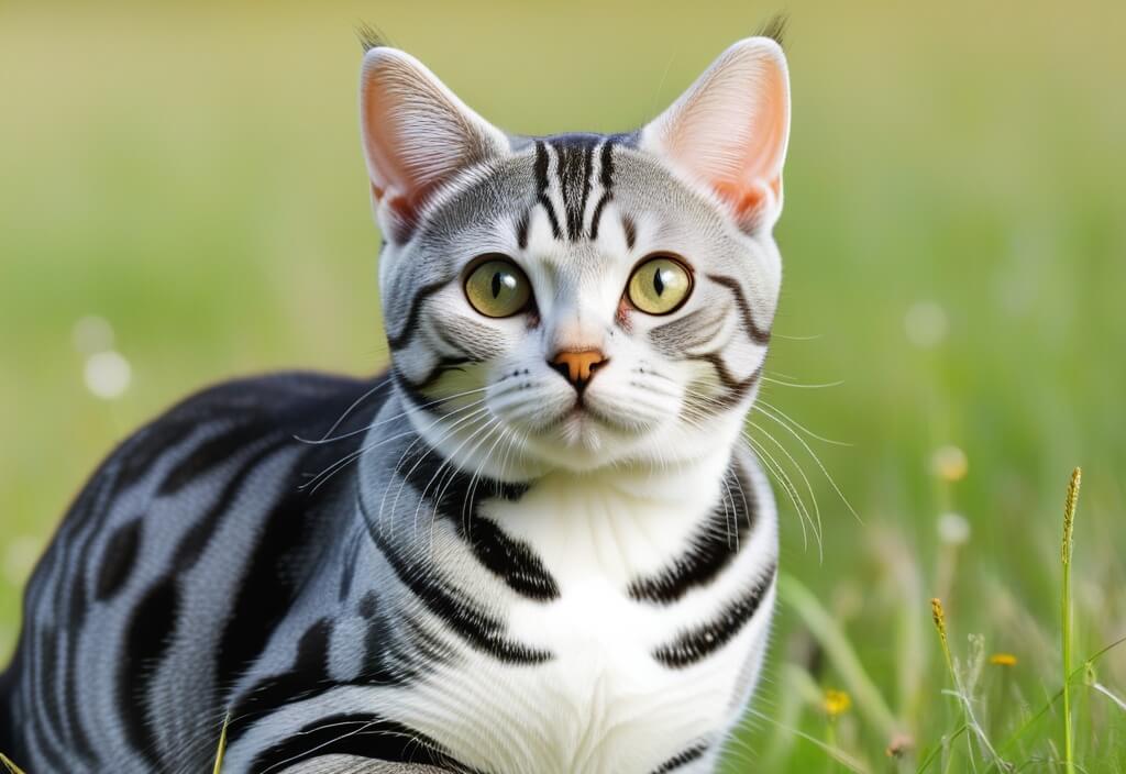 American shorthair cat sitting in grass