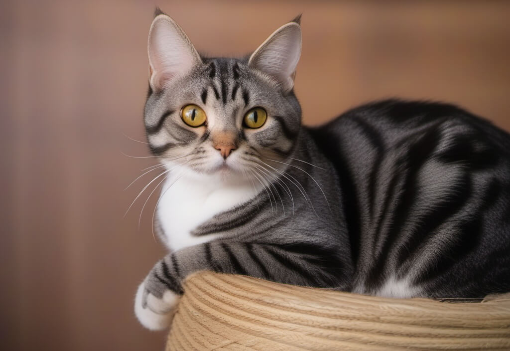 American shorthair cat sitting on basket