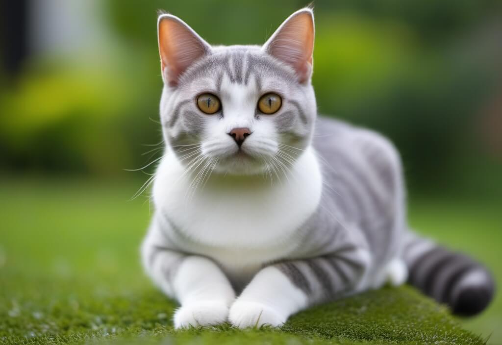 American shorthair cat sitting on grass