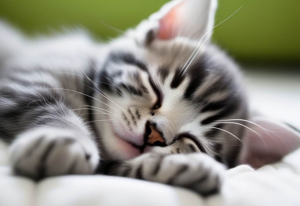 American shorthair kitten sleeping on white bedding