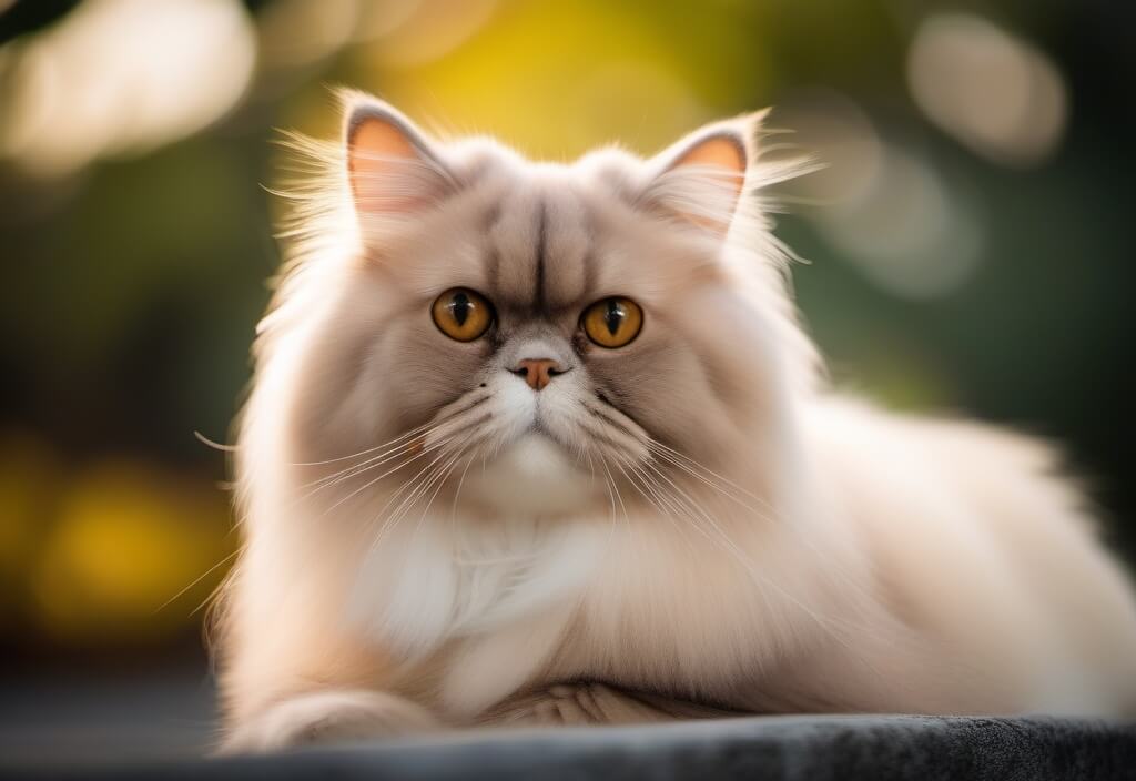Attentive Persian cat sitting on stone
