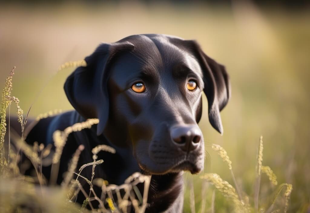 Black Labrador Retriever in wheat field