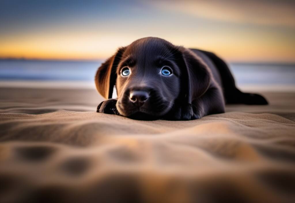 Black Labrador Retriever puppy at beach