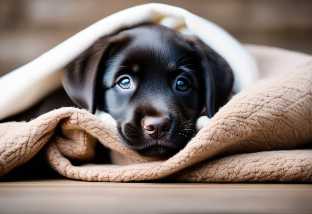Black Labrador Retriever puppy in blanket