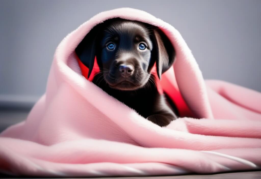 Black Labrador Retriever puppy in blanket