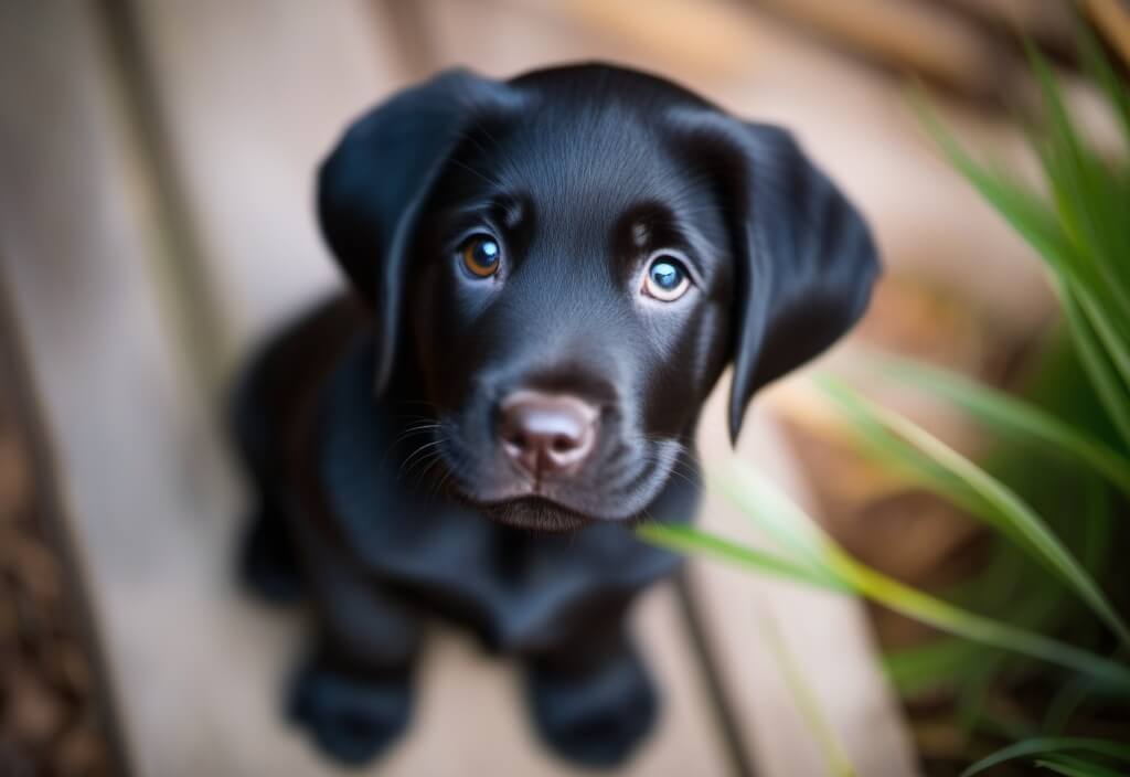 Black Labrador Retriever puppy in garden