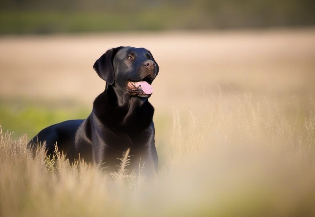 Black Labrador Retriever standing in wheat field